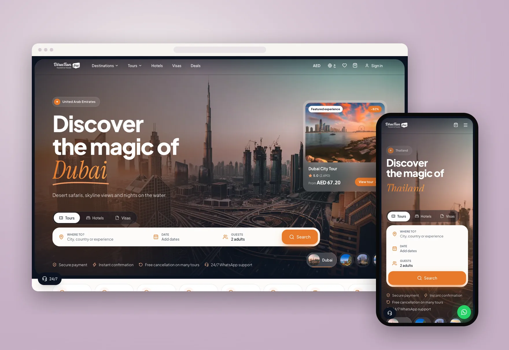 Direction Tourism and Travels — Tours, hotels and visas across the Gulf and Asia, all bookable from one search bar.